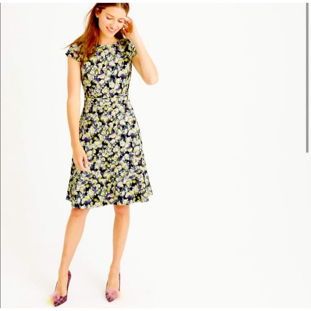 J. Crew Cap Sleeve Dress in Clover Floral Size 4 Black Citron Cocktail Coquette